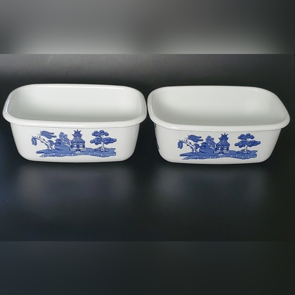 (2) Enamel Willow Blue 3 1/2" x 5 1/2" Rectangular Metal Bakers Johnson Brothers - Picture 4 of 9